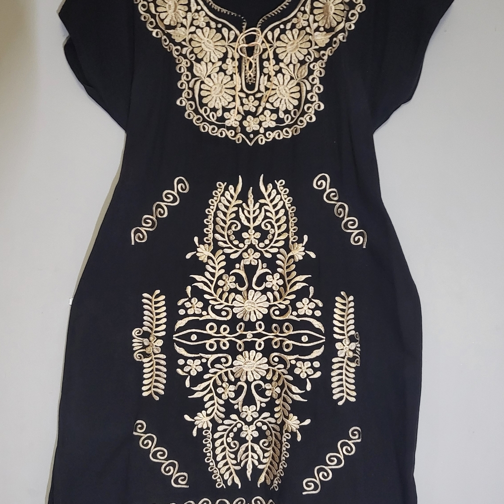 Mexican Elegant Black and Gold Embroidered Midi Dress